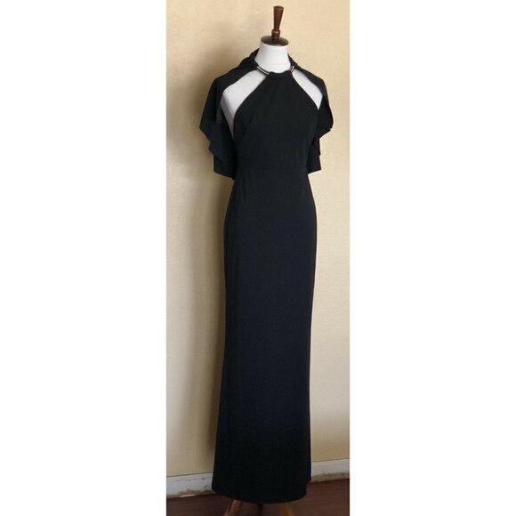 A.B.S. By Allen Schwartz Black Jersey Halter cape Sleeve Maxi Dress size M - Picture 11 of 12